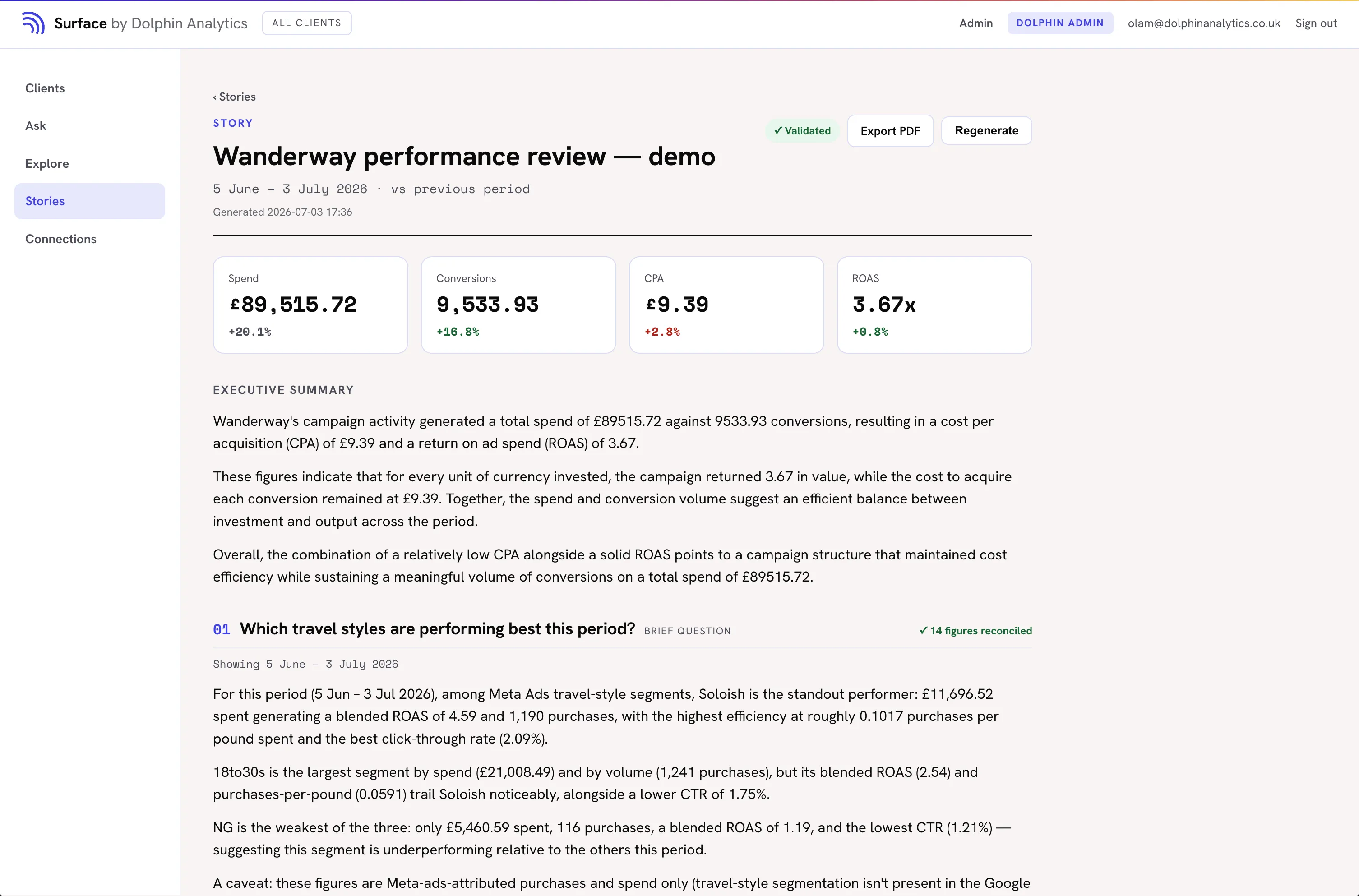 A Surface story: a validated performance review with spend, conversions, CPA and ROAS tiles and a written summary